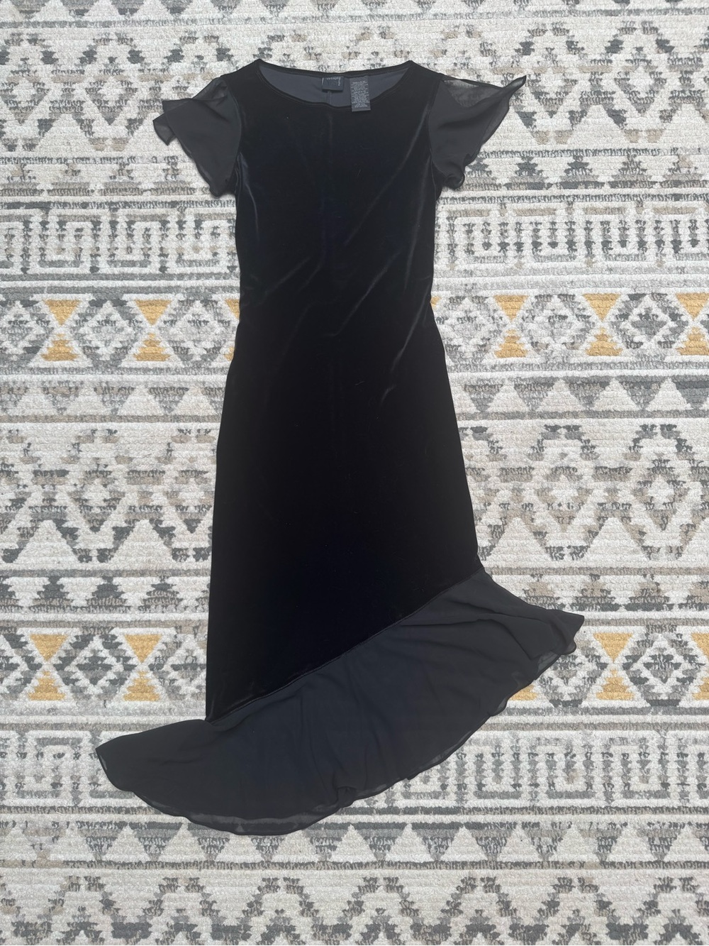 Vintage 90s Black Velvet Asymmetrical Ruffle-Hem Maxi Dress - Goth Small Med